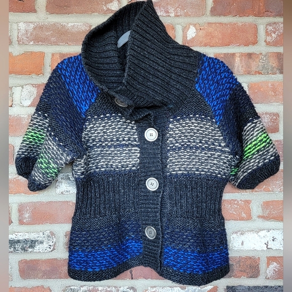 Free People Cable Knit Wool Blend Short Sleeve Sweater | Small | Gray & Blue - Picture 7 of 14